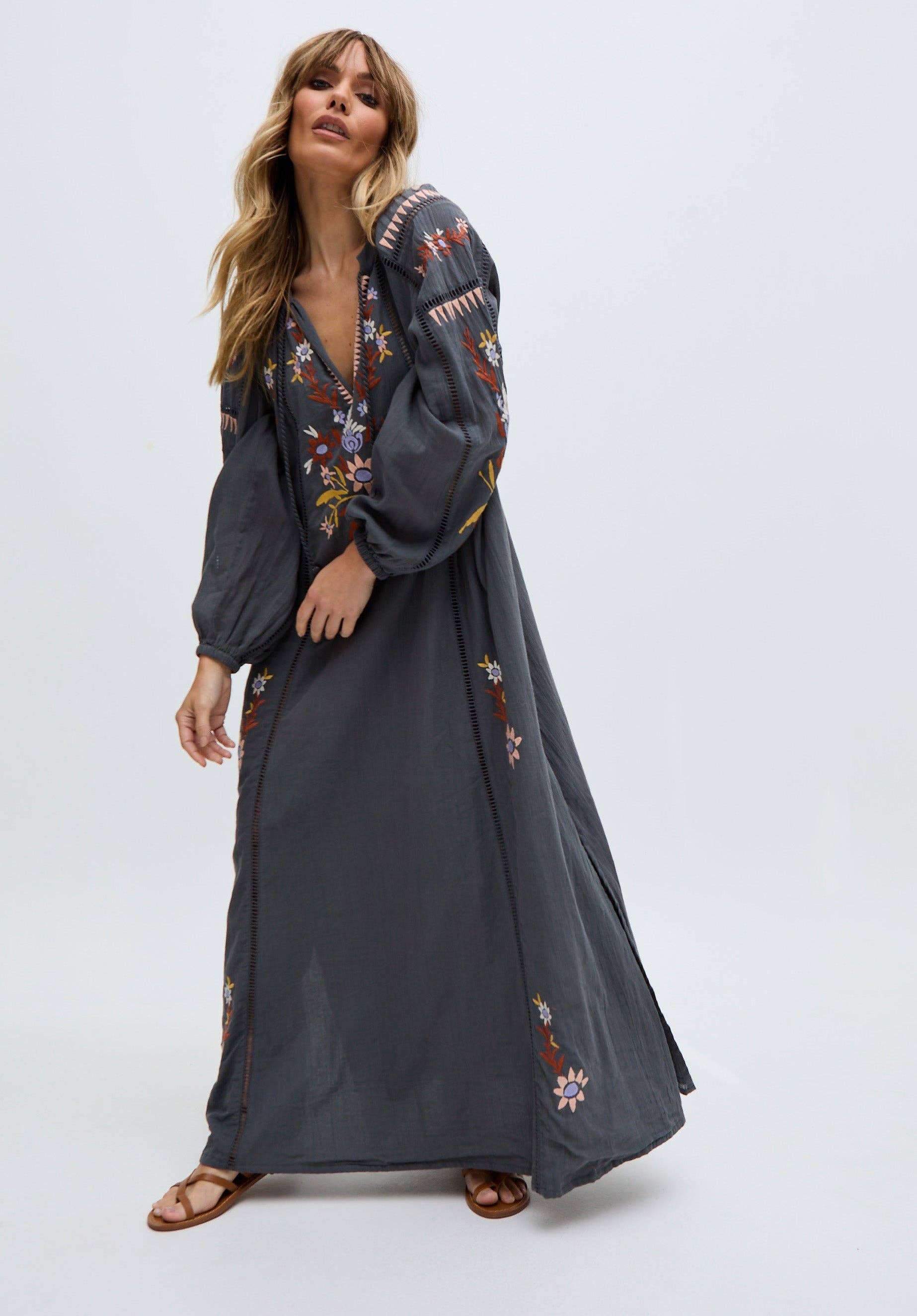 Elisa Kaftan Style Embroidered Maxi Dress In Grey: 14